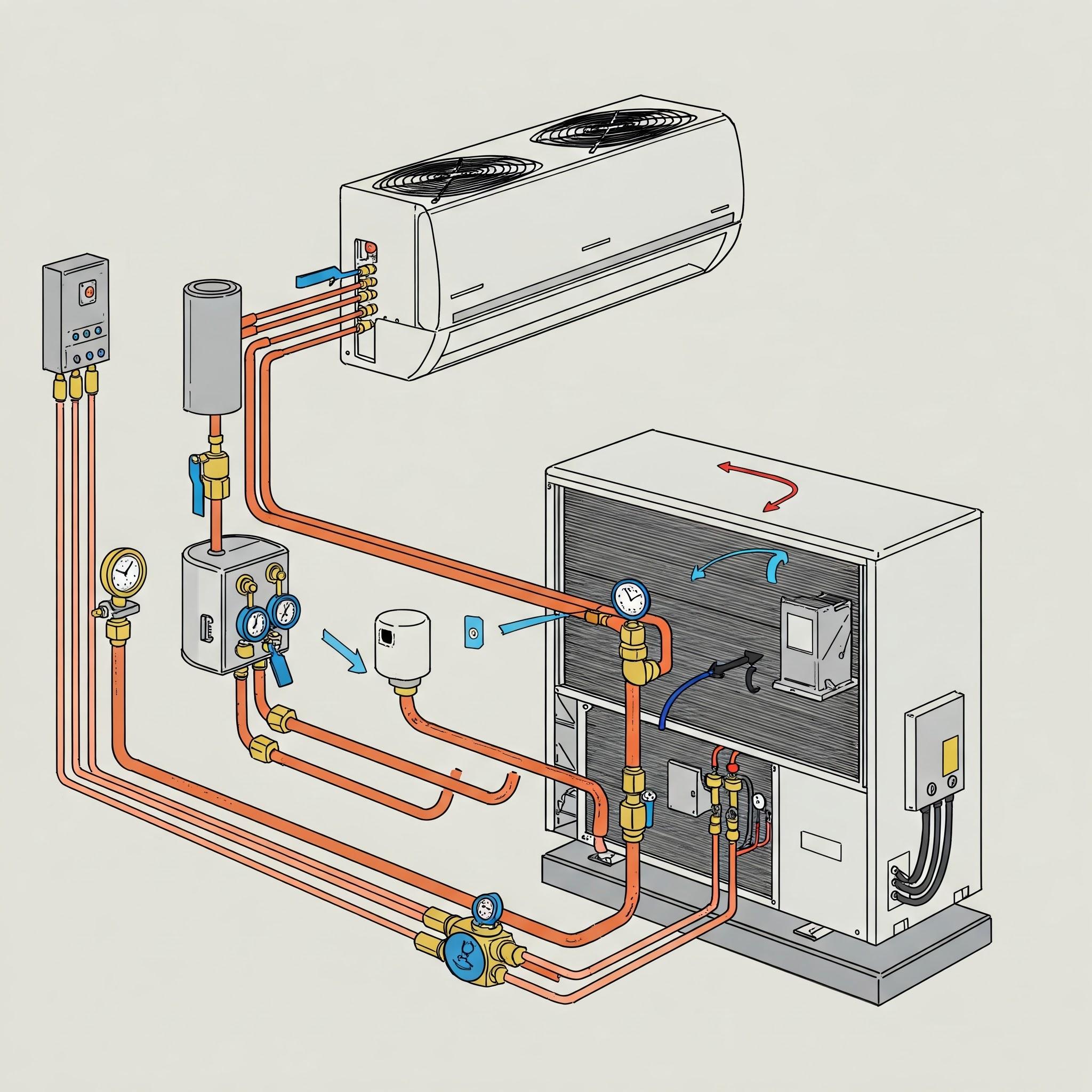 A professional illustration depicting refrigerant piping in an HVAC system