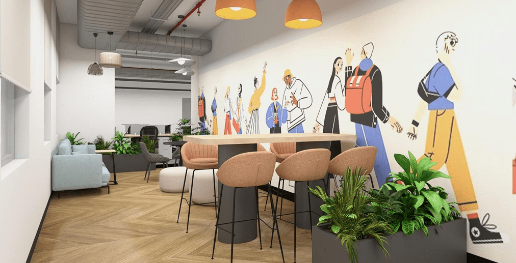 Open-plan office interior featuring ergonomic desks, collaborative zones, and natural lighting with custom interior fit-out