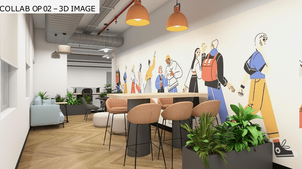 Open-plan office interior featuring ergonomic desks, collaborative zones, and natural lighting with custom interior fit-out