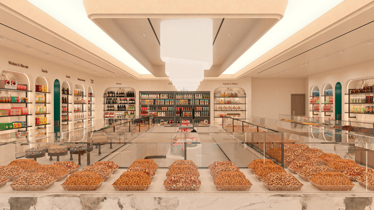 Cutaway view of a retail facility showing integrated HVAC, lighting, and plumbing networks