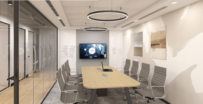 Private executive cabin featuring luxury office furniture, glass partitions, and a professional interior layout