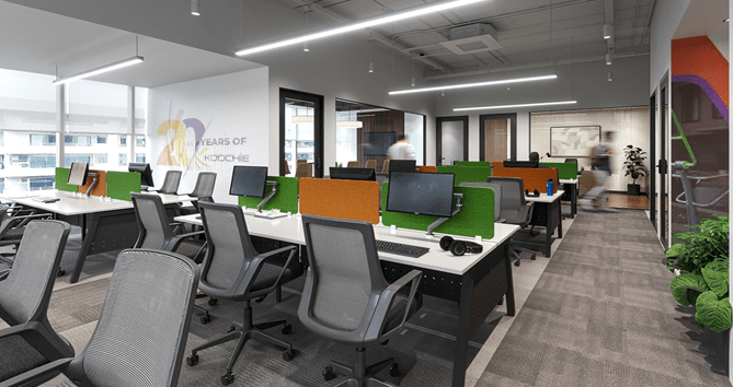 Open office space with collaborative seating, writable walls, and flexible layout for team interaction