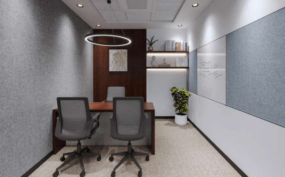 Private manager’s room featuring a large executive desk, shelving units, soft seating area, and modern workspace layout