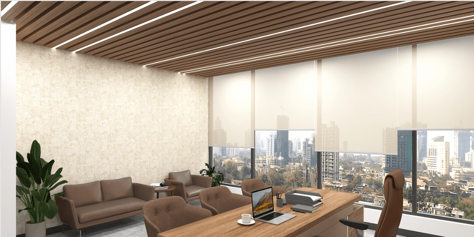 Office cabin for manager including a desk area and round meeting table, designed for both focus and collaboration