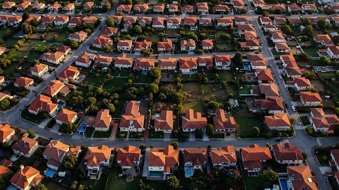 Aerial view of a land development site with construction in progress