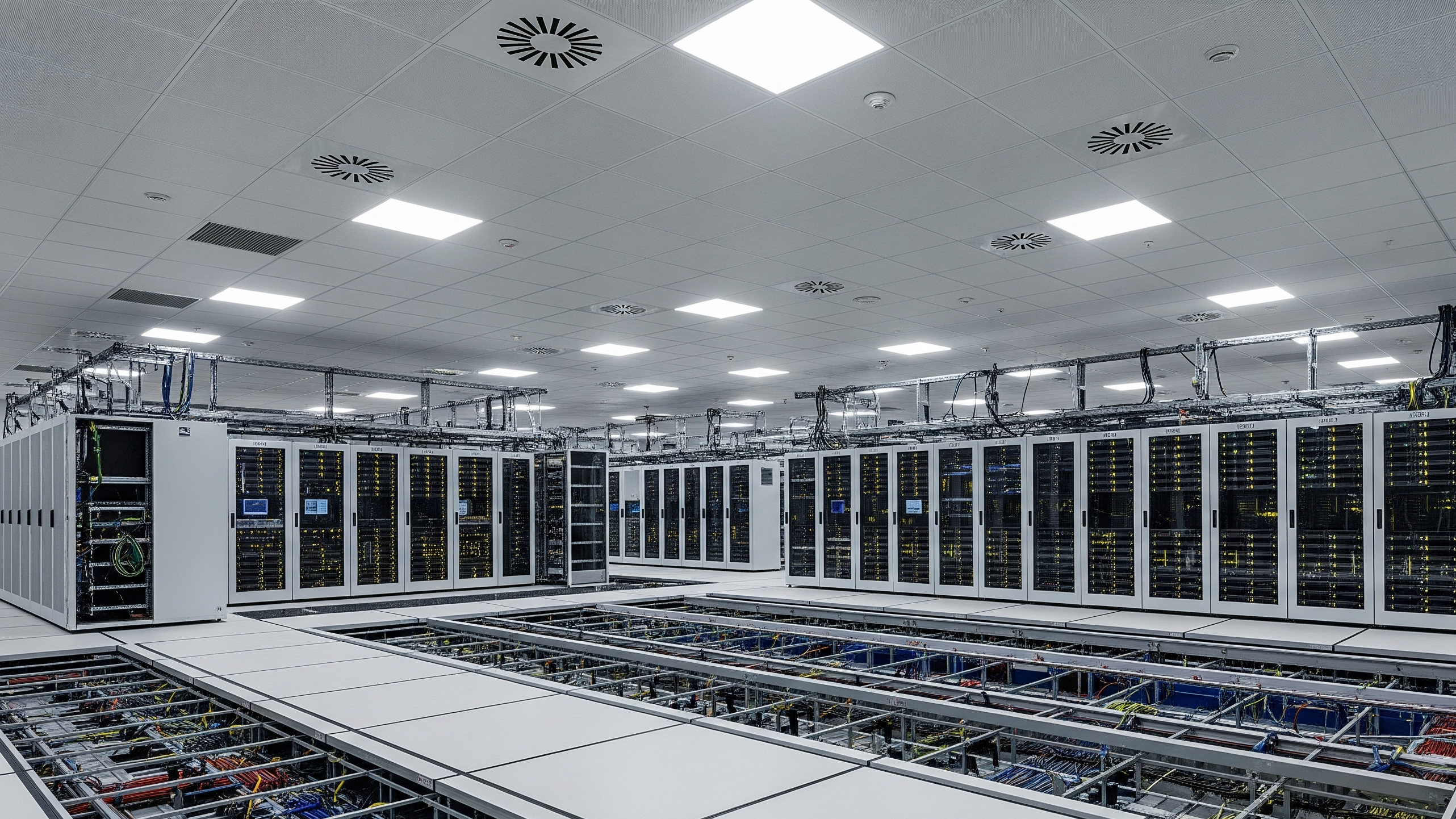 Data center fit-out showing organized server racks, structured cabling, and controlled cooling environment