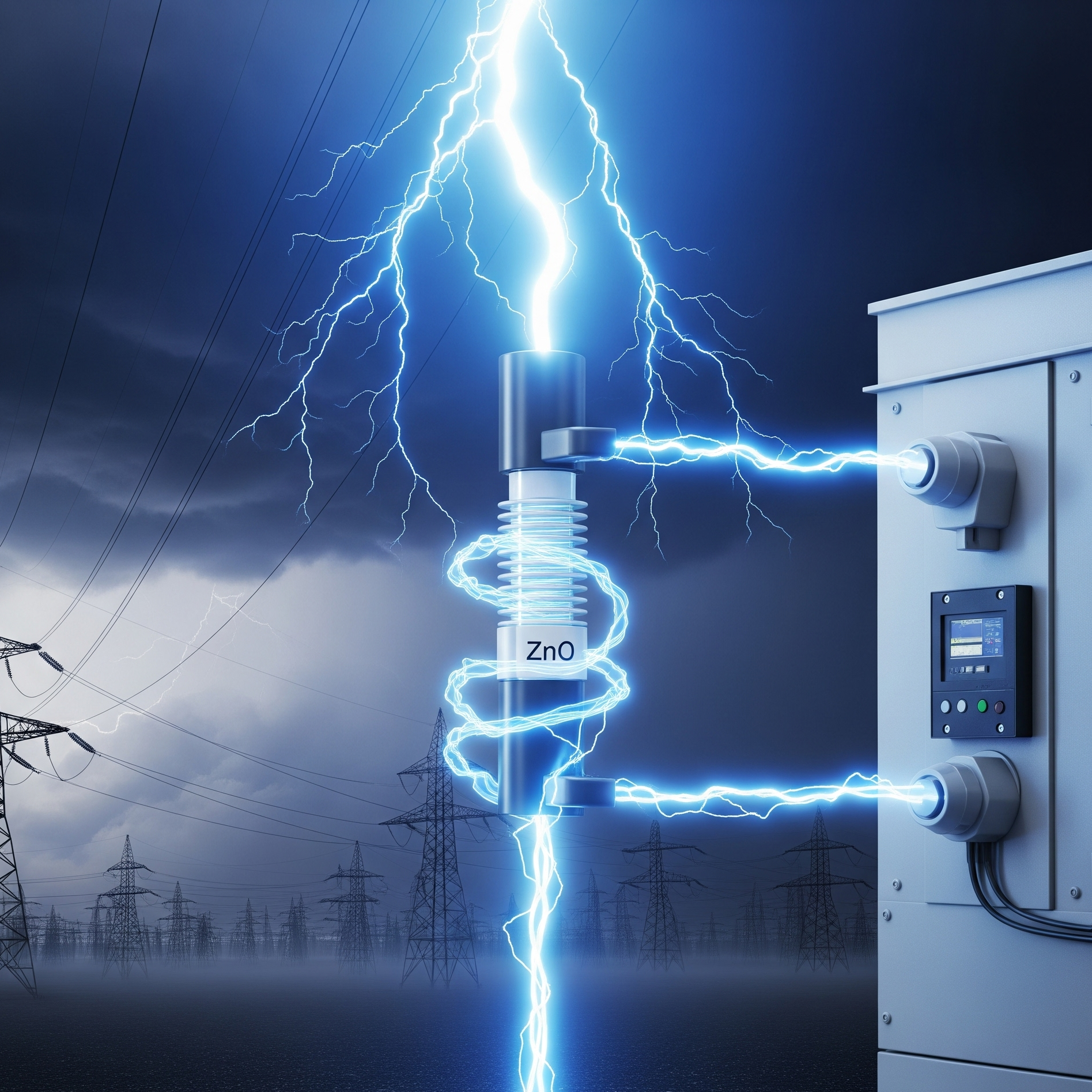 A high-resolution 3D render of a modern electrical panel with a lightning arrester installed. Show a glowing blue lightning bolt hitting the top of the system, and current visibly flowing down through a cylindrical ZnO arrester to a grounding rod. Background should show an electrical grid, with realistic lighting and stormy sky in the distance.
