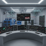 Professional technical visualization: 3D render of a data center or large commercial building's MEP control room, showing multiple screens displaying real-time data analytics, AI algorithms identifying anomalies, and projected maintenance schedules. Modern MEP systems like chillers, air handling units, and electrical panels are subtly visible through a transparent wall. Technical diagrams/blueprints overlaid with digital performance metrics, clean professional lighting, 16:9 aspect ratio, photorealistic engineering style. Include specific MEP components like smart sensors, data servers, and control panels.