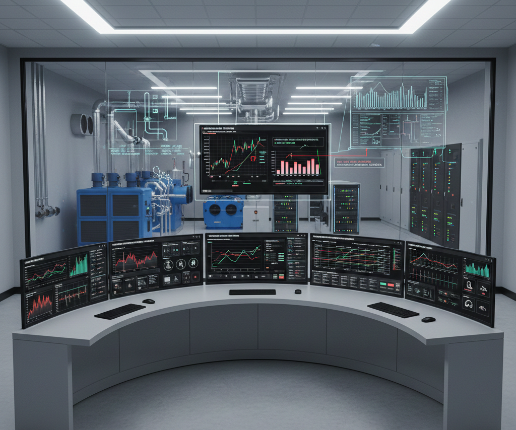 Professional technical visualization: 3D render of a data center or large commercial building's MEP control room, showing multiple screens displaying real-time data analytics, AI algorithms identifying anomalies, and projected maintenance schedules. Modern MEP systems like chillers, air handling units, and electrical panels are subtly visible through a transparent wall. Technical diagrams/blueprints overlaid with digital performance metrics, clean professional lighting, 16:9 aspect ratio, photorealistic engineering style. Include specific MEP components like smart sensors, data servers, and control panels.