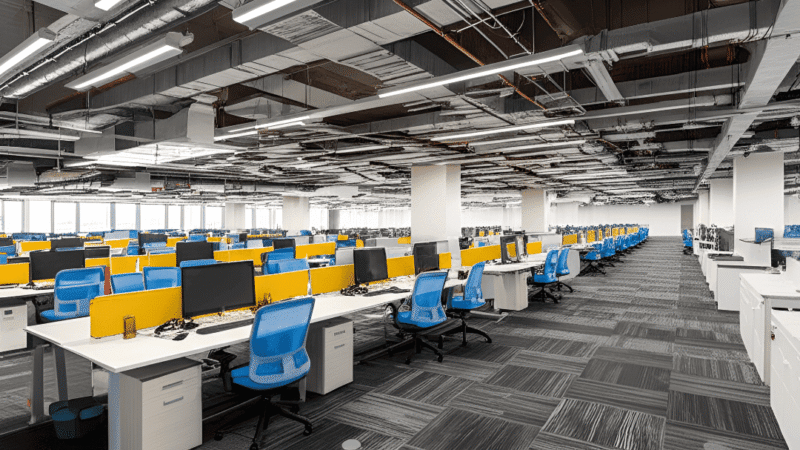 Architectural rendering of a modern, multi-story commercial building interior with a spacious central atrium and exposed MEP services.