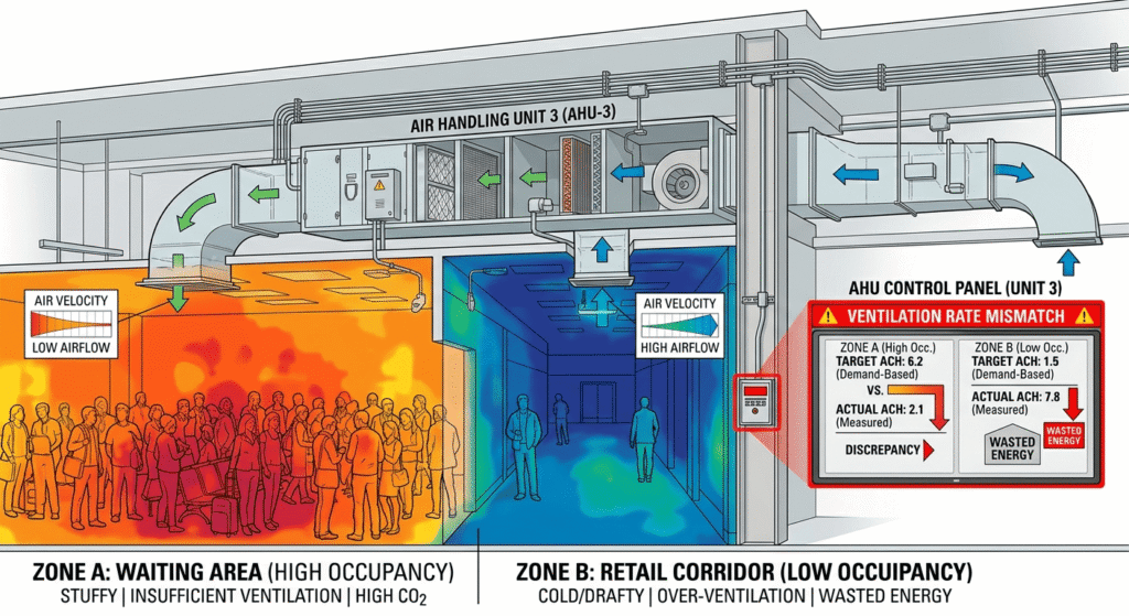Ventilation rate mismatch in commercial building HVAC electrical plumbing design leads to discomfort and energy waste. A-Square diagnoses code misinterpretation, cooling load mismatch, and inadequate ventilation in airports, preventing regulatory fines and downtime.