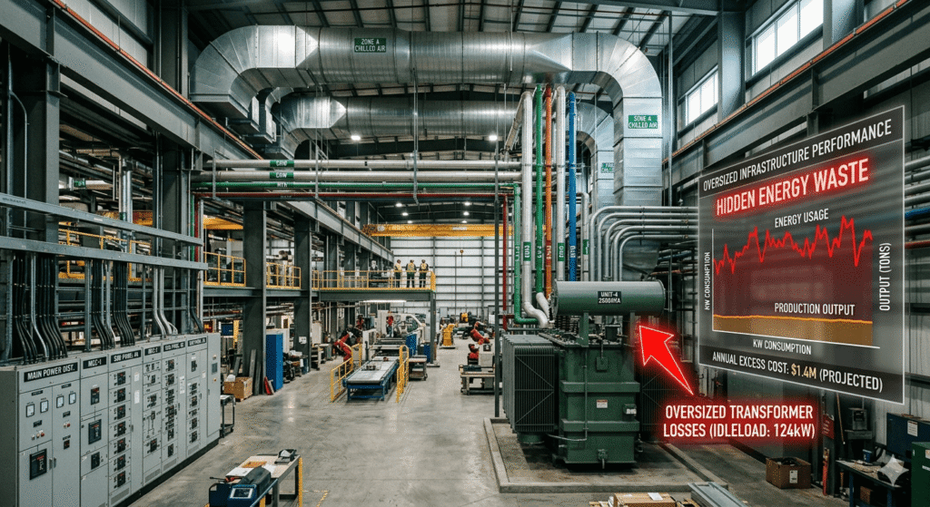 Industrial Building HVAC Electrical Plumbing MEP Design Failures cause massive energy waste. Discover how partial load inefficiency from demand factor miscalculation cripples manufacturing profits. A-Square offers technical diagnostics to optimize performance.