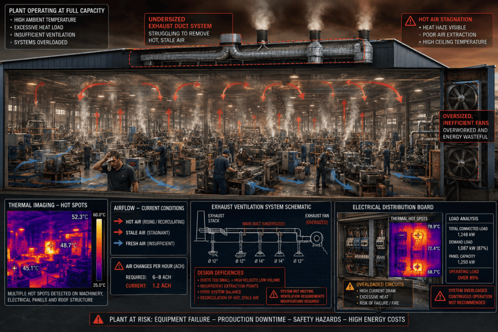 An overhead illustration of a high-volume manufacturing plant assembly line experiencing an HVAC ventilation failure, depicting excessive heat buildup, trapped air pollutants, and overheating machinery components highlighted in red.