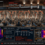 An overhead illustration of a high-volume manufacturing plant assembly line experiencing an HVAC ventilation failure, depicting excessive heat buildup, trapped air pollutants, and overheating machinery components highlighted in red.