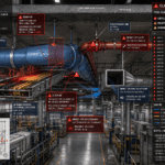 3D BIM digital model showcasing an industrial manufacturing facility with color-coded, integrated HVAC ductwork, electrical trays, and plumbing lines to illustrate complex engineering systems coordination.
