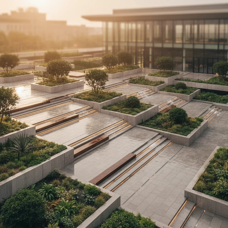 Stormwater drainage design for multi-level landscaped areas