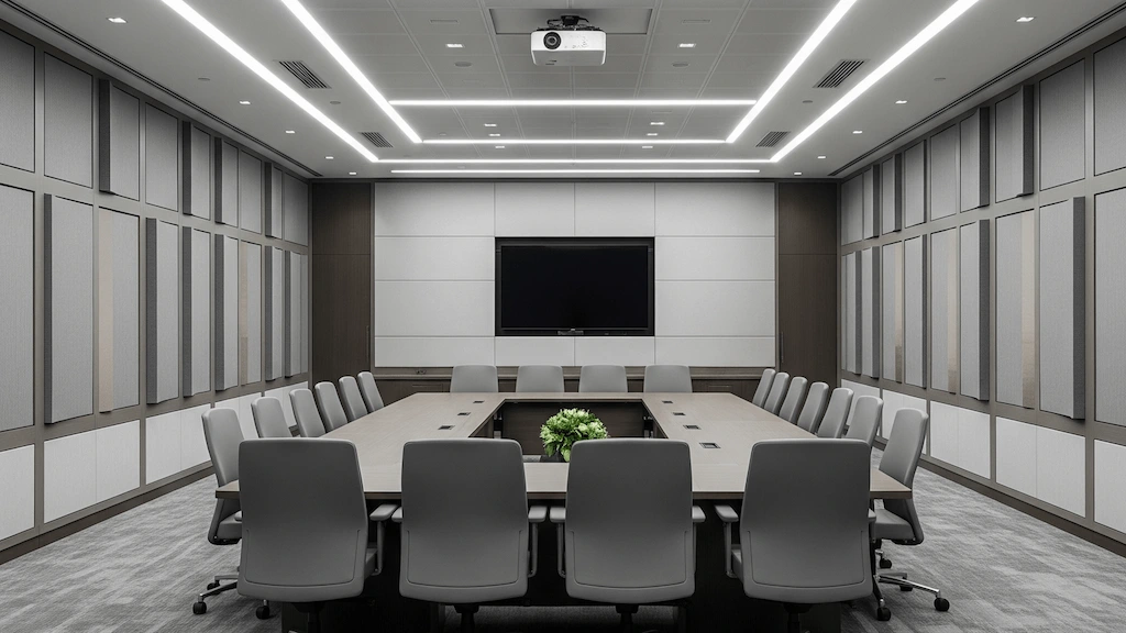 Modern conference room with boardroom table, acoustic wall panels, and large display screen for presentations