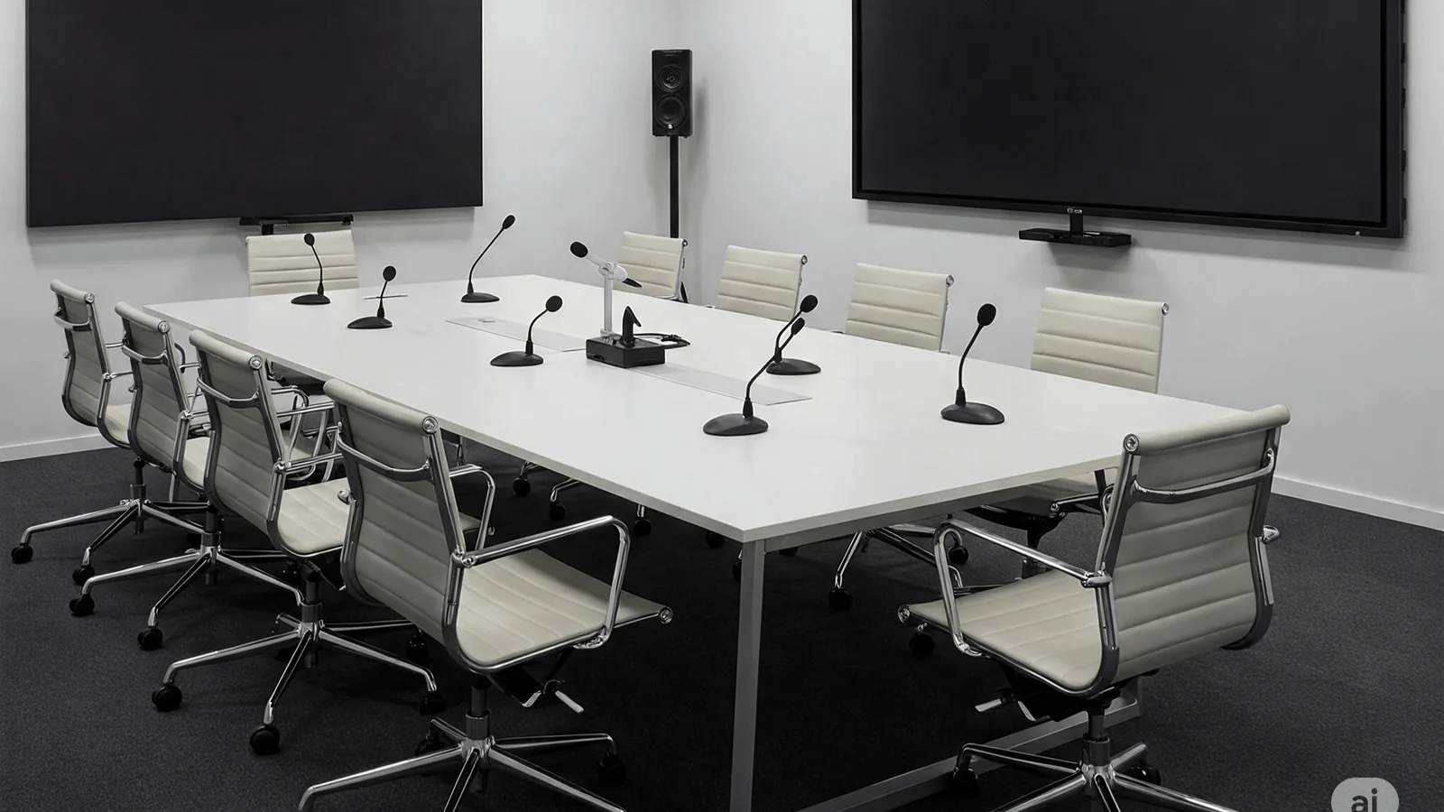 Conference room with speakers, display screen, and background music system